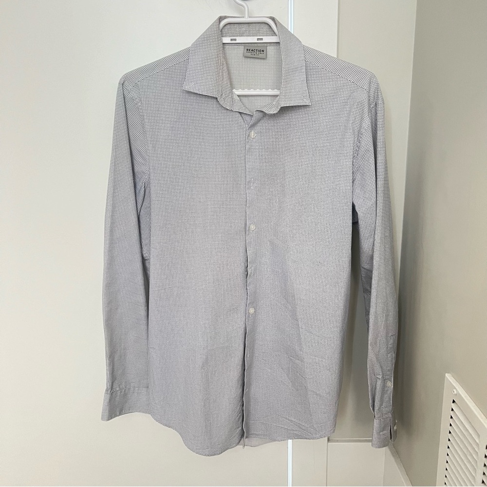 REACTION by Kenneth Cole - MODERN White Grid Dress Shirt - SIZE 15 (US SMALL)